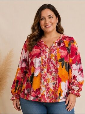 Fig and Flower Women's Floral Peasant Blouse Size Large - Boho Long Sleeve Top